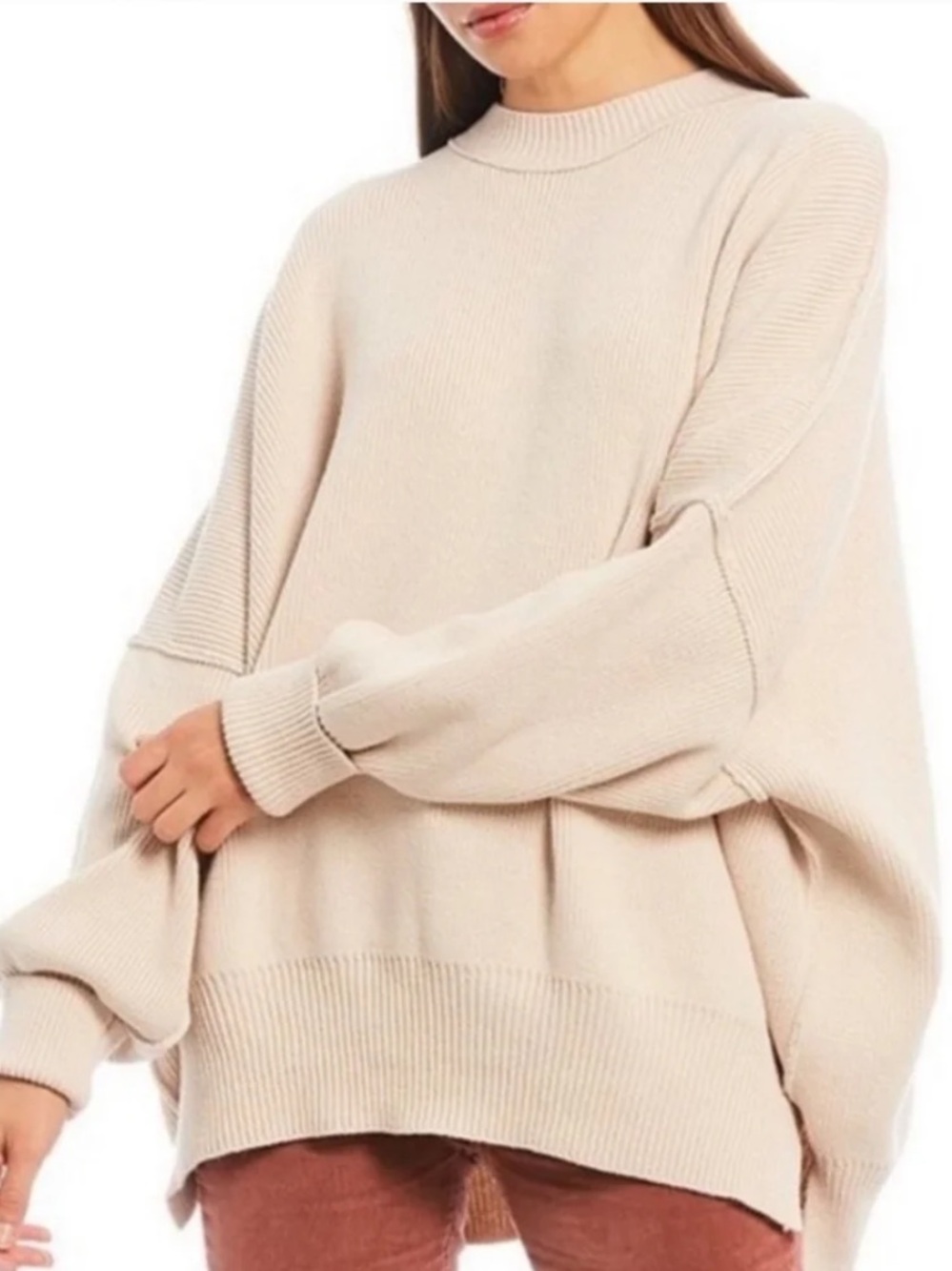 Free People Neutral Beige Oversized Crew Sweater